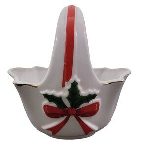 Mount Clemens Pottery Holly Ribbon Gold Trim Porcelain Basket Candy Trinket Dish